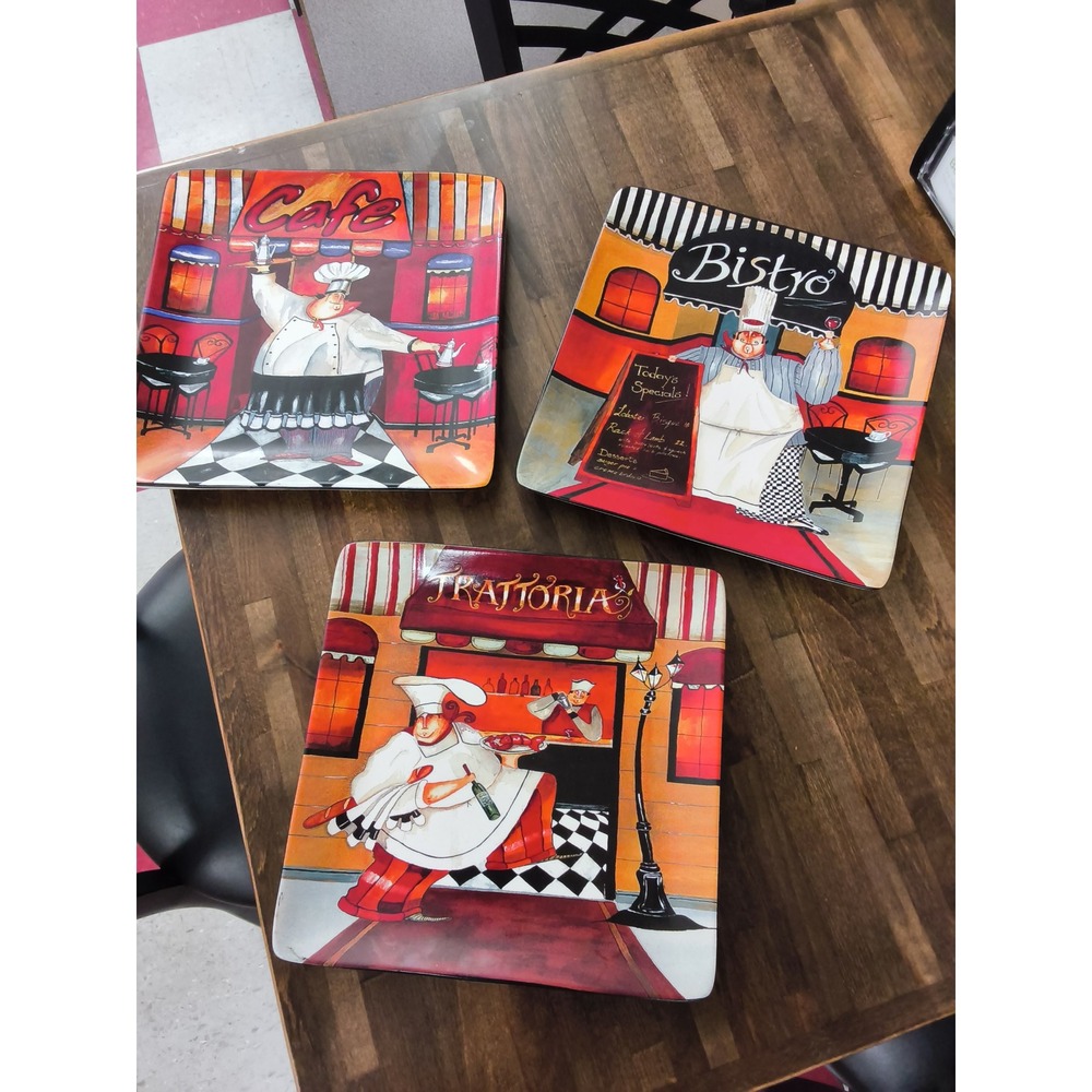 Certified International Jennifer Garant Fat Chef Square Plates Set of 3 Bistro